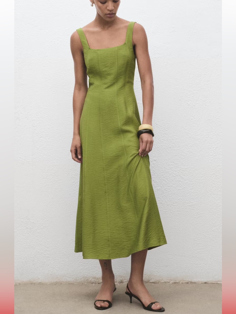 Mango Midi Dress with Stitching Green Chartreuse